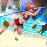  barefoot beach cloud coconut fire_emblem fire_emblem_if hinoka_(fire_emblem_if) holding holding_weapon midriff ocean official_art palm_tree red_hair sand sky solo sweat swimsuit tree weapon 