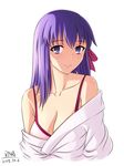  1girl bare_shoulders bikini bikini_under_clothes breasts cleavage collarbone dated fate/stay_night fate_(series) hair_ribbon long_hair looking_at_viewer matou_sakura off_shoulder purple_eyes purple_hair ribbon rna_(angel-smelter) signature simple_background smile solo swimsuit upper_body white_background white_bikini 