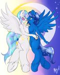  2014 absurd_res anthro anthrofied blue_eyes blue_hair breast_squish breasts breasts_frottage duo equine feathered_wings feathers female female/female flying friendship_is_magic hair hand_on_butt hand_on_hip hi_res horn incest inner_ear_fluff mammal mdgusty multicolored_hair my_little_pony navel pink_eyes princess_celestia_(mlp) princess_luna_(mlp) pussy winged_unicorn wings 