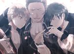  3boys alcohol ayatoki-1 bandage bandages bandaid black_hair bottle brown_hair cherry_blossoms cigarette facial_hair gintama glass hijikata_toushirou kondou_isao multiple_boys okita_sougo petals sake scarf shinsengumi_(gintama) stubble uniform 