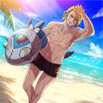  abs adjusting_hair beach blonde_hair fire_emblem fire_emblem_if full_body hand_on_own_head inflatable_toy kozaki_yuusuke lens_flare lilith_(fire_emblem_if) male_focus marx_(fire_emblem_if) muscle ocean official_art palm_tree sand shirtless solo swim_trunks tree 