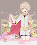  1boy blonde_hair haori hat hat_removed headwear_removed jacket japanese_clothes lantern male_focus monoyoshi_sadamune open_mouth petals seiza sekimo shippou_(pattern) shorts sitting smile solo touken_ranbu track_jacket yellow_eyes 