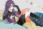  1boy amazake_(drink) black_legwear fingerless_gloves flower fudou_yukimitsu gloves hair_down kneehighs male_focus necktie pillow purple_eyes purple_hair sekimo touken_ranbu 