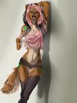  anthro beverage breasts canine cleavage clothed clothing coffee female food hair legwear looking_at_viewer mammal open_mouth pink_hair qrichy_(artist) raella_(character) solo stockings yawn 