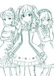  drill_hair gothic_lolita idolmaster idolmaster_cinderella_girls kanzaki_ranko kirino_aya lolita_fashion long_hair monochrome one_eye_closed sakurai_momoka short_hair sketch smile tottoto_tomekichi twin_drills 