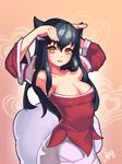 :3 absurdres ahri animal_ears armpits bad_id bad_pixiv_id black_hair breasts caramelldansen cleavage detached_sleeves fox_ears fox_tail heart highres korean_clothes large_breasts league_of_legends lee_seok_ho long_hair looking_at_viewer multiple_tails open_mouth solo tail yellow_eyes 