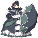  1girl animal_ears black_hair bonnet cat_ears dress eyepatch frills gothic_lolita gun hands_on_hips hime_cut lolita_fashion long_hair mirai_(senran_kagura) official_art parasol red_eyes senran_kagura solo transparent_background umbrella weapon wings 