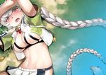  1girl arm_on_head asymmetrical_hair bare_shoulders blush braid breasts cloud_print crop_top gradient gradient_background hair_ornament kantai_collection large_breasts long_hair looking_at_viewer midriff mr.lostman navel open_clothes open_mouth remodel_(kantai_collection) revealing_clothes silver_hair single_braid skirt solo tongue tongue_out unryuu_(kantai_collection) very_long_hair yellow_eyes 