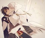  armor black_hair carrying hood imminent_kiss japanese_armor japanese_clothes male_focus mikazuki_munechika multiple_boys open_mouth petals princess_carry smile touken_ranbu tsurumaru_kuninaga white_hair yaoi yori_(y_rsy) 