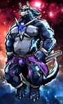  anthro anthrofied aokamidu barazoku bulge dialga half_naked legendary_pok&eacute;mon musclegut nintendo nipples pecs pok&eacute;mon red_eyes starry_background video_games 