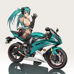  aqua_eyes aqua_hair bang-you center_opening gloves ground_vehicle hatsune_miku highres long_hair motor_vehicle motorcycle solo twintails vocaloid yamaha 