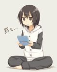  animal_costume barefoot black_hair buttons funami_yui handheld_game_console jitome legs_folded nintendo_3ds pajamas panda_costume shikou_sakugo_(qqap9gt9k) short_hair sitting solo toes yuru_yuri 