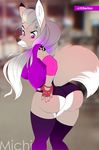 2016 angry annoyed anthro breasts butt canine claws clothed clothing female fingerless_gloves fur gloves hair legwear long_hair long_socks mammal michi paws sertaa signature solo stockings thick_thighs watermark 