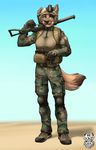  armor assault_rifle black_nose brown_fur brown_tail camo canine clothed clothing combat_helmet cyan_eyes day dipstick_tail dog female footwear full-length_portrait fur gun helmet hi_res mammal multicolored_tail outside portrait ranged_weapon rifle sand shoes sky smile solo standing utility_belt vallhund weapon 