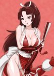  :o bare_hips bare_shoulders breasts brown_eyes brown_hair center_opening cleavage closed_fan cowboy_shot fan fatal_fury folding_fan gauntlets hair_ribbon high_ponytail holding holding_fan large_breasts long_hair looking_at_viewer no_bra open_mouth panties pelvic_curtain ponytail red revealing_clothes ribbon shiranui_mai side_slit sideboob solo the_king_of_fighters ueyama_michirou underwear very_long_hair white_panties 