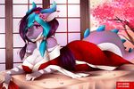  2016 anthro blue_hair breasts clothed clothing dragon flower hair inside nails plant purple_eyes purple_hair reptile scalie sertaa smile solo 