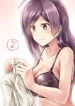  ahoge black_bra bow bow_bra bra eighth_note hagikaze_(kantai_collection) highres holding_clothes kamelie kantai_collection long_hair musical_note one_side_up purple_hair simple_background smile solo speech_bubble spoken_musical_note underwear 