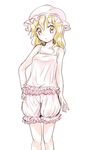  :o bare_shoulders blonde_hair bloomers camisole collarbone frills hand_on_hip hat hat_ribbon highres looking_at_viewer maribel_hearn nibi open_mouth ribbon ribbon_trim simple_background solo touhou underwear underwear_only white_background white_bloomers yellow_eyes 