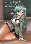  alternate_costume black_skirt blonde_hair breasts brown_legwear buttons chalkboard chan_(akuty_ikkot) curvy green_eyes green_hair hair_ornament hairclip heart highres jacket kantai_collection large_breasts long_hair long_sleeves looking_at_viewer pantyhose pencil_skirt sitting skirt smile solo suzuya_(kantai_collection) thick_thighs thighs wide_hips 