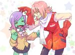  aqua_skin crossover flcl haruhara_haruko lowres midori_(uchuu_patrol_luluco) multiple_girls pink_hair seiyuu_connection shintani_mayumi short_hair uchuu_patrol_luluco 