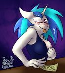  &lt;3 &lt;3_eyes 2015 anthro anthrofied blue_hair blush breasts chest_tuft clothed clothing dogg english_text equine female flashing flirting friendship_is_magic fur hair horn looking_at_viewer mammal multicolored_hair my_little_pony nipples one_breast_out one_eye_closed purple_eyes solo teasing text tongue tongue_out tuft two_tone_hair unicorn vinyl_scratch_(mlp) white_fur wink 