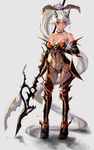  absurdres armor ass_visible_through_thighs bare_shoulders choker collarbone deluxe&lt;&lt;&lt; earrings elbow_gloves gloves grey_background highres horns jewelry long_hair navel orange_eyes parted_lips pointy_ears ponytail simple_background solo staff very_long_hair white_hair 