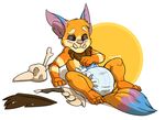  big_ears black_eyes blush boomerang clothing cub diaper fur gnar_(lol) infantilism league_of_legends loincloth lying male orange_fur simple_background skull solo tonio_(artist) tusks video_games watermark young 