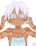  :&lt; apron borrowed_character dark_skin earrings eyebrows_visible_through_hair facial_tattoo female flat_chest glasses irezumi-san_(ozka) satsuyo semi-rimless_glasses simple_background solo sweat symbol-shaped_pupils tattoo white_background white_hair 