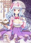 blue_hair bowl breasts cleavage food hat large_breasts linus_falco long_hair looking_at_viewer red_eyes ribbon smile snowflakes solo sword_girls thighhighs tobi_(mue86) tray wavy_hair 