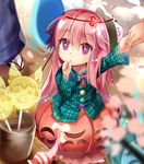  bubble_skirt candy efe face_mask food fox_mask hata_no_kokoro holding_hands lollipop long_hair long_sleeves mask new_mask_of_hope out_of_frame pink_hair purple_eyes shirt skirt solo_focus thumb_sucking touhou very_long_hair wide_sleeves younger 