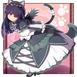  1girl animal_ears black_hair bonnet cat_ears cat_tail dress eyepatch frills gothic_lolita hime_cut lolita_fashion mirai_(senran_kagura) ponpo red_eyes senran_kagura smile solo tail wings 