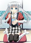  android bad_id bad_pixiv_id black_legwear blue_eyes boots cup_ramen kanmimi knee_boots long_hair miss_monochrome miss_monochrome_(character) silver_hair solo thighhighs twintails white_footwear 
