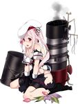  bare_shoulders beret between_legs black_serafuku black_skirt blue_hair blush broken chain damaged drum_(container) flower gloves gradient_hair hair_ornament hair_ribbon hand_between_legs harusame_(kantai_collection) hat kantai_collection kujou_ichiso long_hair looking_at_viewer machinery multicolored_hair official_art open_mouth panties pink_hair pink_panties pleated_skirt red_eyes ribbon school_uniform serafuku shirt side_ponytail sitting skirt smoke solo torn_clothes torn_shirt torn_skirt torpedo transparent_background tulip underwear v_arms wariza 