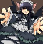  1girl animal_ears black_hair cat_ears dress eyepatch fang foreshortening frills gothic_lolita lolita_fashion mirai_(senran_kagura) mndayo perspective red_eyes senran_kagura simple_background solo wings 