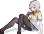  black_legwear blue_eyes breasts buttons dripping eyes_visible_through_hair gloves grey_skirt hair_ornament hair_over_one_eye hairclip hamakaze_(kantai_collection) highres kantai_collection large_breasts mugcup neckerchief pantyhose pleated_skirt school_uniform see-through serafuku short_hair short_sleeves silver_hair simple_background sitting skirt solo towel towel_around_neck wet wet_clothes white_background white_gloves white_hair yellow_neckwear 