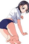  barefoot black_eyes black_hair blush buruma feet gym_uniform highres looking_at_viewer matsunaga_kouyou original short_hair simple_background soles solo toes 