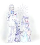  2girls beowolf blue_eyes cellphone eyes_visible_through_hair facial_hair family father_and_daughter formal frown grimm highres iesupa jacques_schnee kneeling light_persona multiple_girls mustache necktie phone rwby siblings side_ponytail silver_hair sisters sitting skirt smartphone snowflakes suit weiss_schnee winter_schnee 