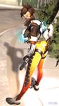  ass ass_grab bent_over bodysuit brown_hair from_behind goggles gun legs looking_at_viewer naughty_face ninssfm outdoor outdoors overwatch piercing pussy shadow short_hair smile spanked standing tracer_(overwatch) vest weapon 