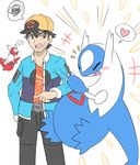  &lt;3 ambiguous_gender black_hair blue_feathers blush clothing dragon duo_focus eruku eyes_closed fangs feathers feral group hair hat human latias latios legendary_pok&eacute;mon male mammal nintendo open_mouth pok&eacute;mon pok&eacute;mon_trainer red_feathers teeth tongue video_games white_feathers 
