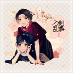  black_hair blue_eyes checkered checkered_background cherry_blossoms chin_rest japanese_clothes kashuu_kiyomitsu male_focus mole mole_under_eye mole_under_mouth multiple_boys nail_polish open_mouth petals ponytail red_eyes red_nails scarf smile touken_ranbu translated unmoving_pattern yamato-no-kami_yasusada yori_(y_rsy) 