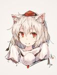  albino animal_ears blush closed_mouth colorized face fang hat inubashiri_momiji kashii_(amoranorem) looking_at_viewer pom_pom_(clothes) portrait red_eyes short_hair simple_background sketch smile solo tokin_hat touhou white_hair wolf_ears 