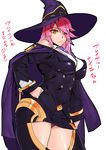  ashiomi_masato blazblue breasts cape double-breasted hair_over_one_eye hand_on_hip hat huge_breasts konoe_a_mercury long_hair looking_at_viewer necktie panties pink_hair simple_background solo translation_request underwear uniform white_background witch_hat yellow_eyes 