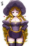  2014 bare_shoulders blonde_hair blush breasts calliope_(sennen_sensou_aigis) cleavage cowboy_shot dated drill_hair elbow_gloves gloves hat heart highres large_breasts lifted_by_self long_hair looking_at_viewer momo_(higanbana_and_girl) purple_gloves purple_hat purple_legwear purple_skirt sennen_sensou_aigis skirt skirt_lift smile solo standing very_long_hair white_background witch_hat 