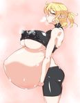  1girl bike_shorts blonde_hair blush breast_expansion breasts breath erect_nipples green_eyes highres huge_breasts looking_at_viewer mizuhashi_parsee pandain pointy_ears pregnant profile short_hair solo sweat touhou 