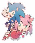  &lt;3 amy_rose anthro aoki6311 black_nose clothing dress duo female footwear gloves green_eyes hair happy headband hedgehog male mammal open_mouth pink_hair short_hair simple_background sonic_(series) sonic_the_hedgehog 