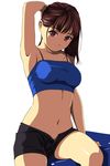  armpits bare_shoulders brown_eyes brown_hair eyebrows_visible_through_hair halter_top halterneck highres long_hair looking_at_viewer matsunaga_kouyou midriff original shorts sitting solo 