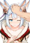  1girl aldehyde animal_ears blue_eyes blush collarbone detached_sleeves ear_wiggle erune fox_ears fur_trim granblue_fantasy hair_ornament hand_on_another's_head long_hair looking_at_viewer one_eye_closed petting pov silver_hair socie_(granblue_fantasy) solo_focus very_long_hair wavy_mouth 