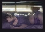  backlighting bad_id bad_pixiv_id bare_shoulders bed bed_sheet black_border black_hair border brown_eyes collarbone day dust expressionless half-closed_eyes indoors light_rays looking_at_viewer lying midriff navel on_bed on_side original parted_lips purple_shirt shirt short_hair short_shorts shorts shutter solo stomach stuffed_animal stuffed_toy sunlight teddy_bear yellowpaint. 