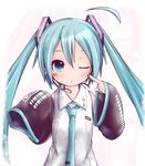  akino_coto aqua_eyes aqua_hair detached_sleeves hatsune_miku highres long_hair md5_mismatch one_eye_closed oversized_clothes solo twintails very_long_hair vocaloid 