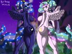  2016 abstract_background anthro anthrofied big_breasts breasts butt cute duo equine feathered_wings feathers female friendship_is_magic green_eyes hair hi_res horn horse imdudrjsmi looking_at_viewer looking_back mammal multicolored_hair my_little_pony nipples outside pink_eyes princess_celestia_(mlp) princess_luna_(mlp) rear_view smile translucent_hair wide_hips winged_unicorn wings 